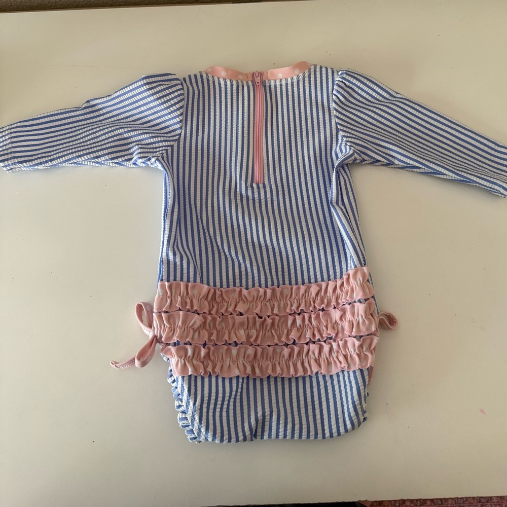 Ruffle Butts Blue and Pink Striped Swimsuit - Picture 2 of 4
